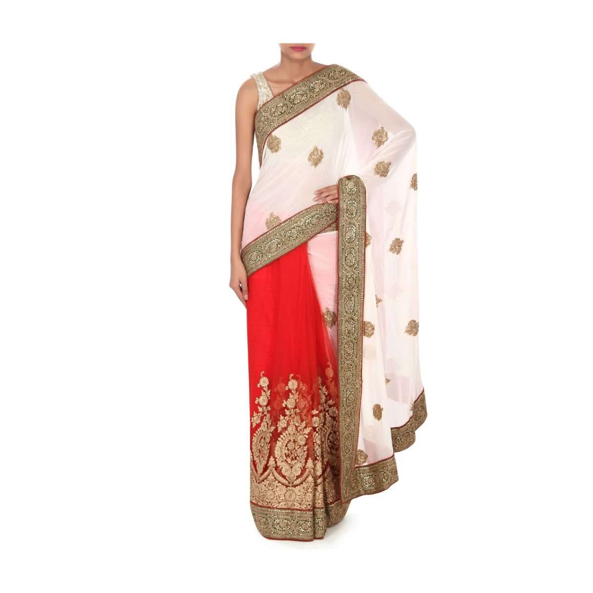 White and red saree in moti embroidery only on Kalki - KALKI Fashion India
