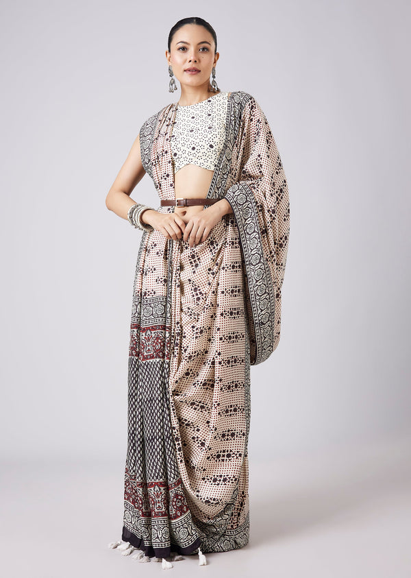 White Block Printed Motif Saree with Unstitched Blouse