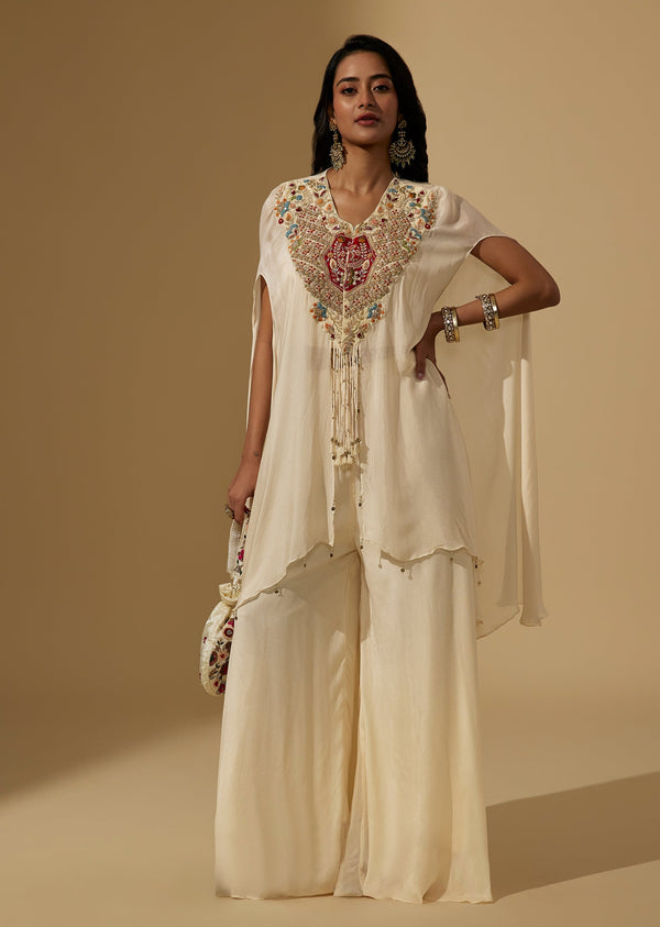 White Chinon Crop Top Palazzo Set With Zardozi Embroidered Cape With Tassles
