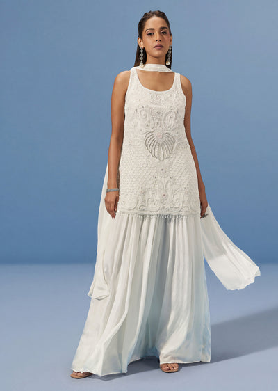 White Chinon Palazzo Suit With Cut Dana Sequin And Bead Embroidery