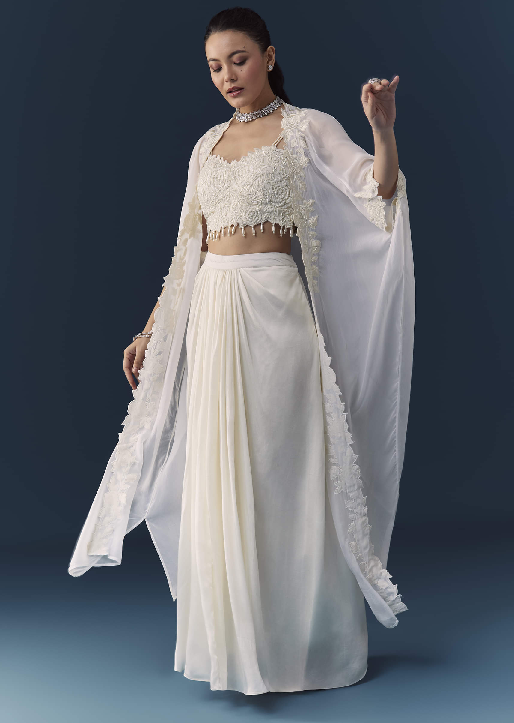 White Crop Top Draed Skirt Set with Cape