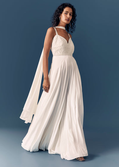White Embellished Jumpsuit With Dupatta