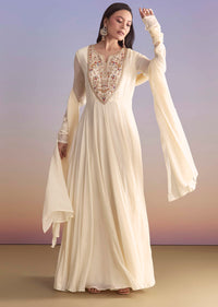 White Georgette Anarkali Suit With Resham and Sequins Work