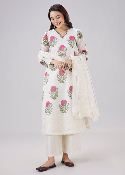 White Hand Block Printed Chanderi Kurta Set With Cutwork Dupatta