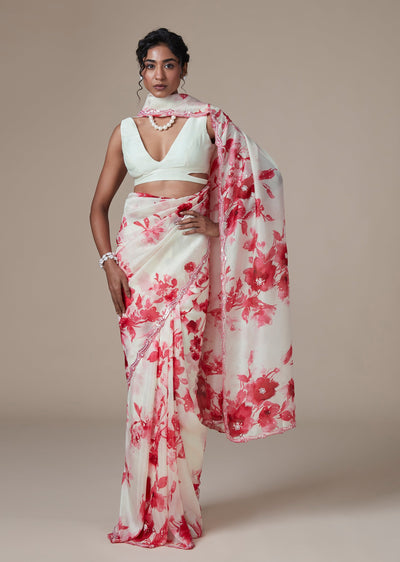 White Muslin Organza Floral Saree With Cut Dana Embroidered Pallu