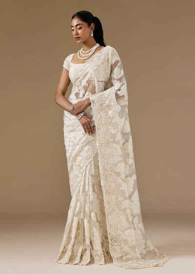 White Organza Saree With Cut Dana And Sequin Embroidered Border