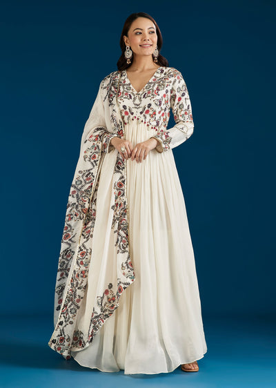 White Printed Chinon Anarkali Suit With Dupatta