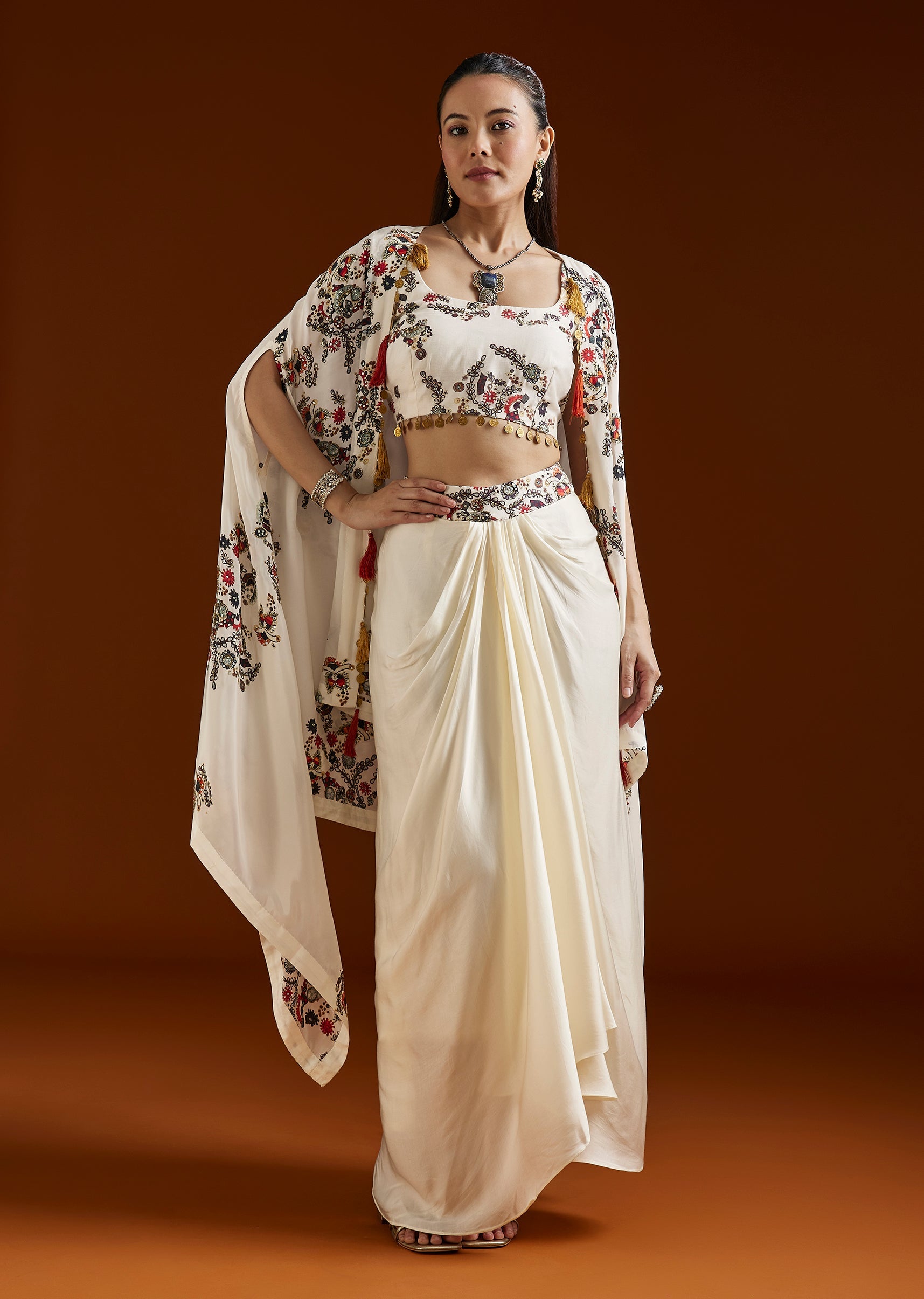 White Printed Crepe Cape Drape Skirt Set