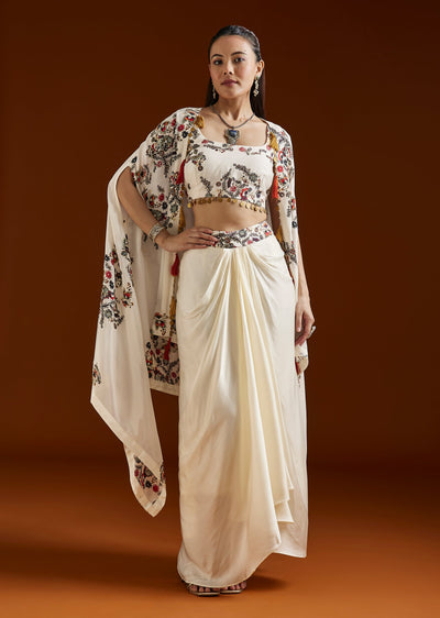 White Printed Crepe Cape Drape Skirt Set