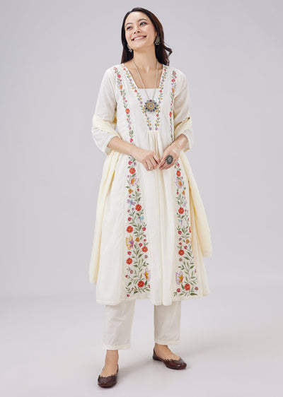 White Resham Embroidered Mulmul Cotton Anarkali Set With Dupatta