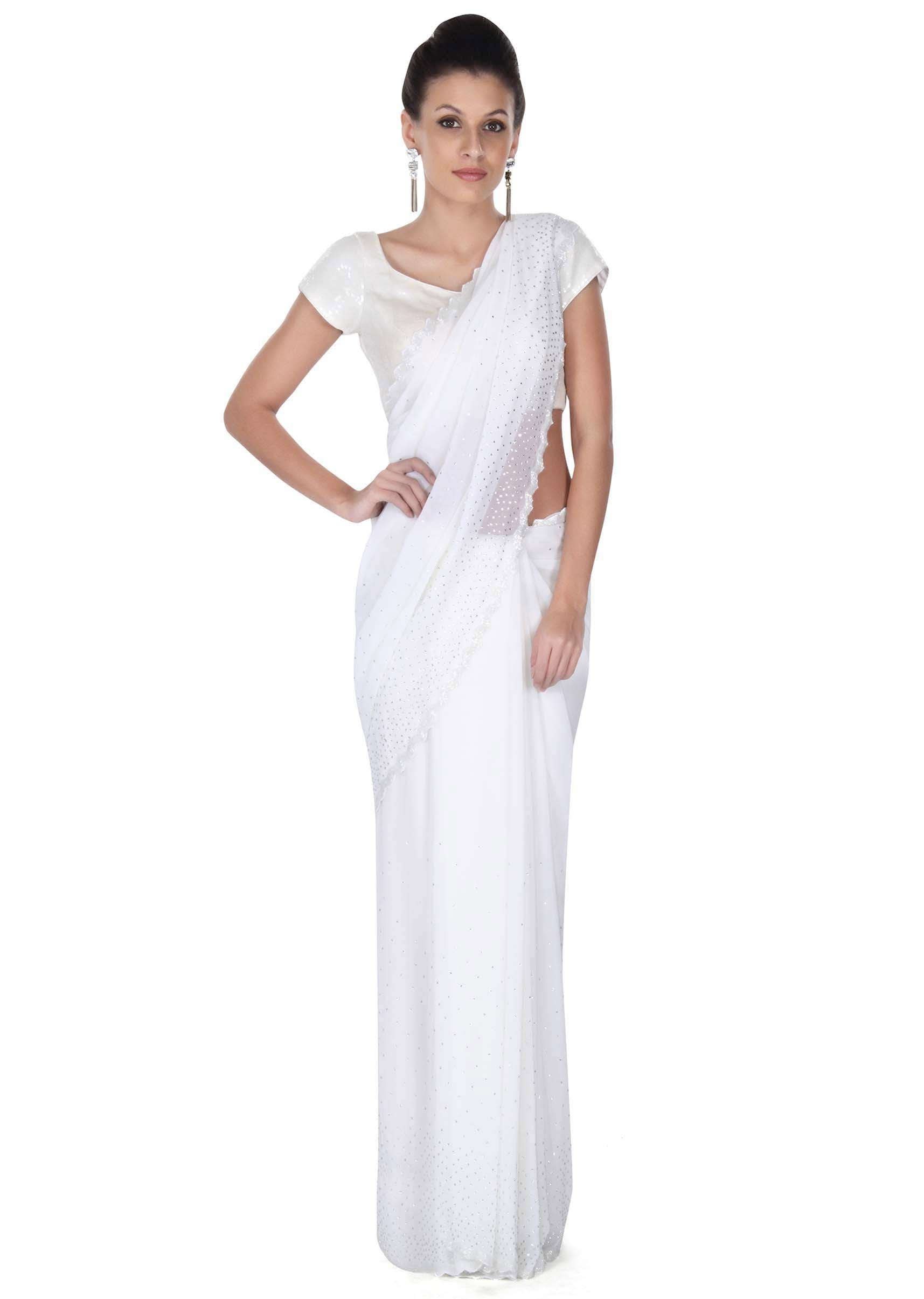 White saree with kundan and kardana adorn border only on Kalki - KALKI Fashion India