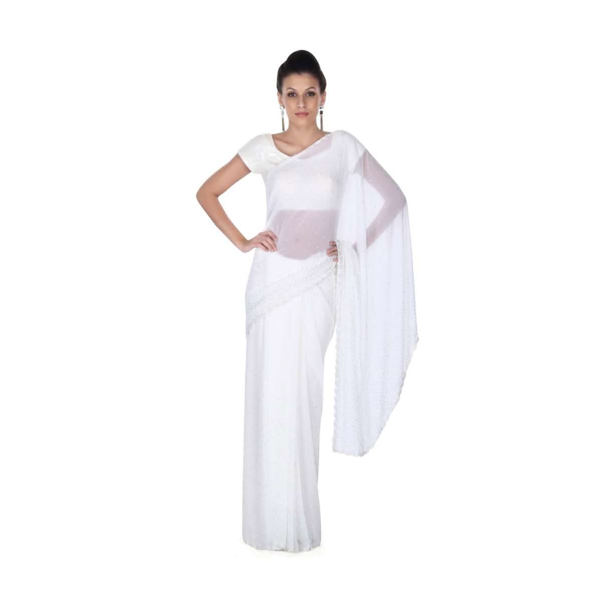 White saree with kundan and kardana adorn border only on Kalki - KALKI Fashion India