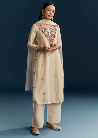 White Silk Kurta Set With Thread Work