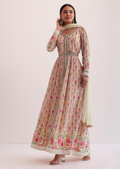 white and pink embroidered anarkali set-sg203207 7