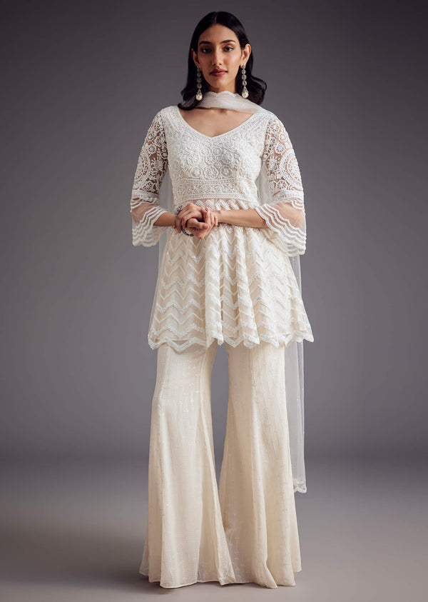 White Embroidered Peplum Kurta With Palazzo And Net Dupatta