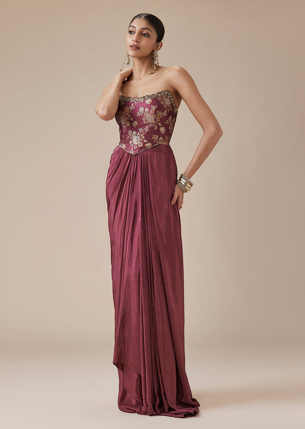 Wine Pure Banarasi Brocade Off Shoulder Corset Top And Drape Skirt Set