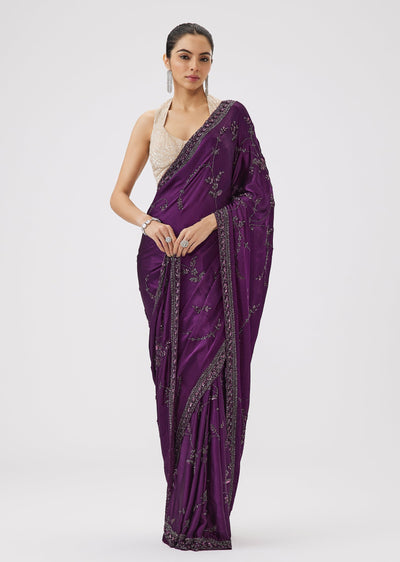 Wine Chinon Saree With Cut Dana And Sequin Floral Jaal Embroidery