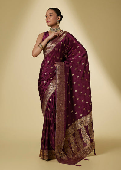 Wine Dola Silk Saree With Gold Zari Butti And Floral Border