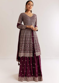 Wine Georgette Kurta Set With Zari And Resham Work
