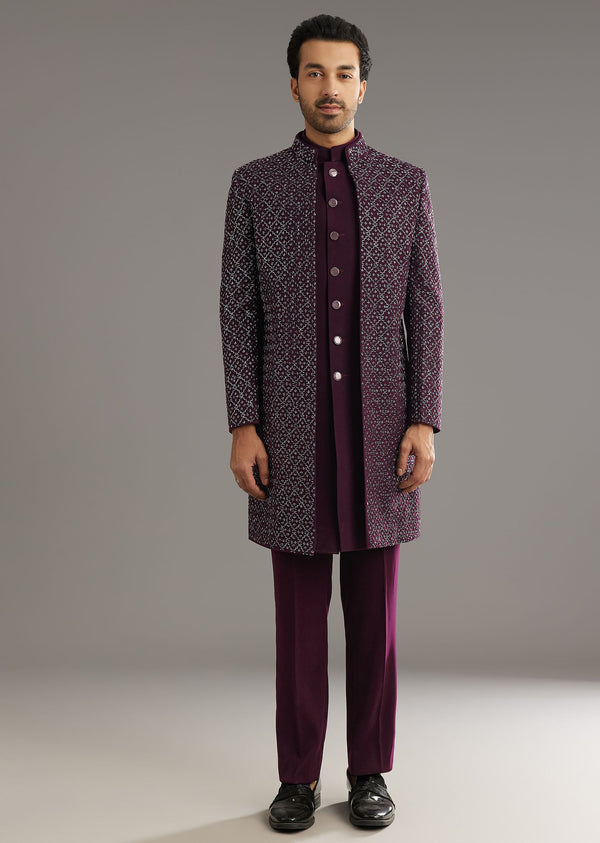 Wine Indo Western Set With Embellished Salli And Diamond Work