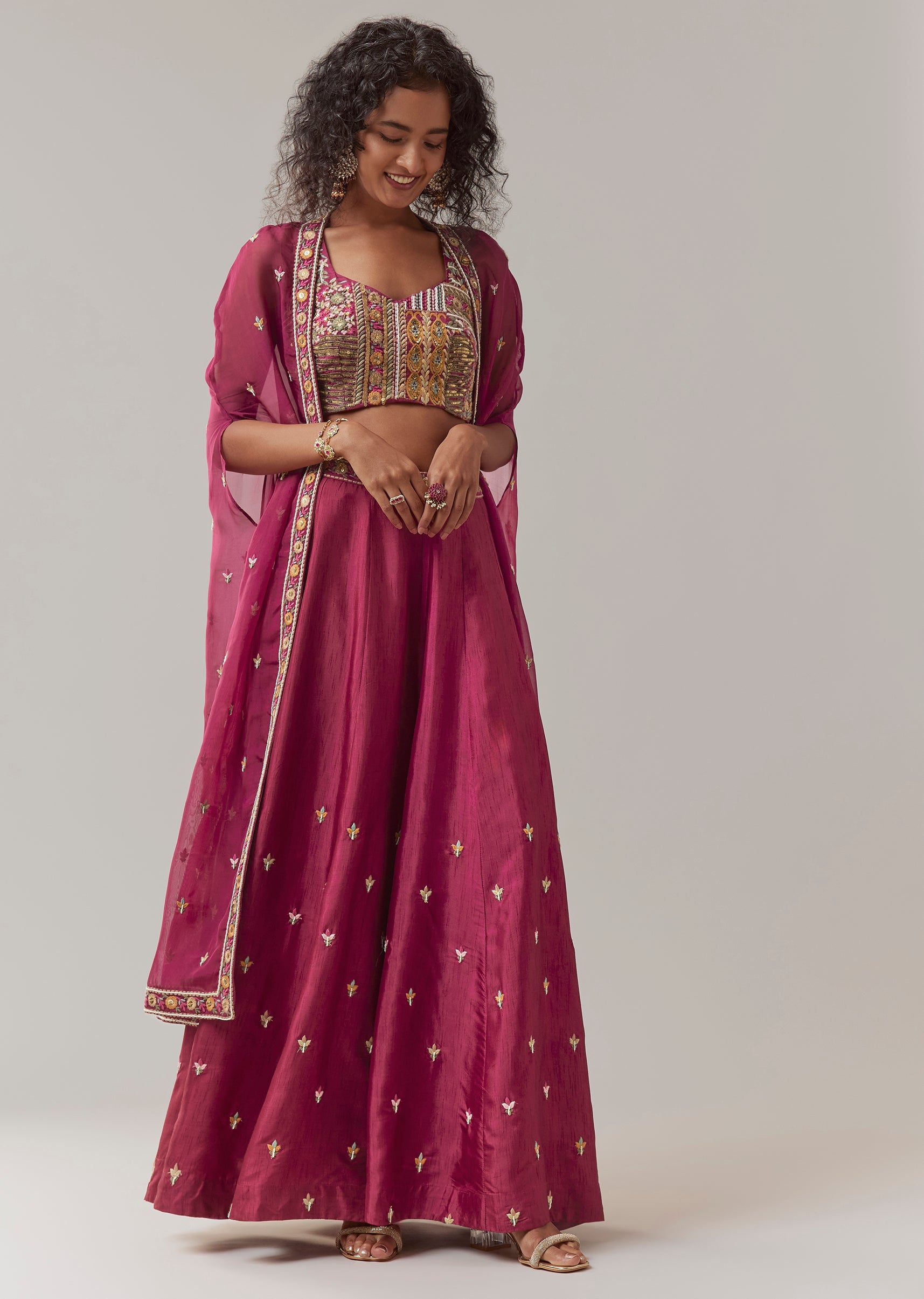 Wine Indowestern Silk Crop Top and Palazzo Set