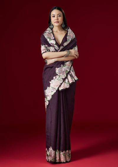 Wine Kora Silk Saree With Floral Thread Embroidered Border