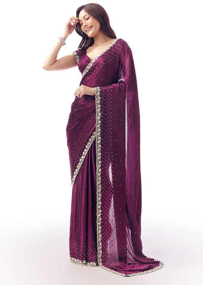 Wine Satin Chinon Saree With All Over Sequin Embellishment