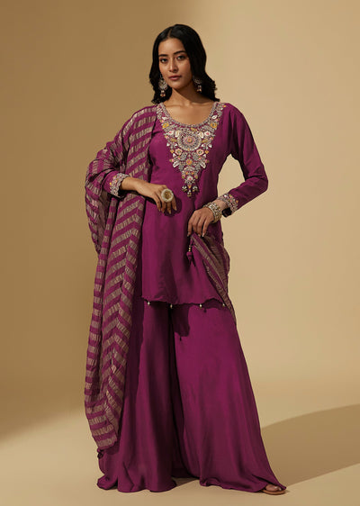 Wine Zardosi Embroidered Palazzo Suit With Printed Dupatta