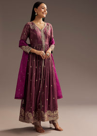 Wine Zardosi Sequins Anarkali Pant Dupatta Set