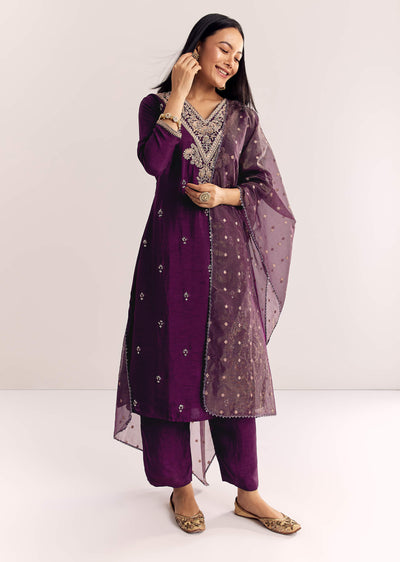 Wine Zardosi Work Dola Silk Kurta Suit With Organza Dupatta