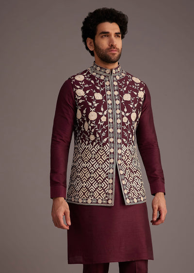 wine floral embroidered jacket kurta set-sg259813 4