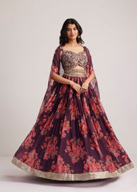 Wine Organza Floral Print Set With Zardosi And Sequins Detailing