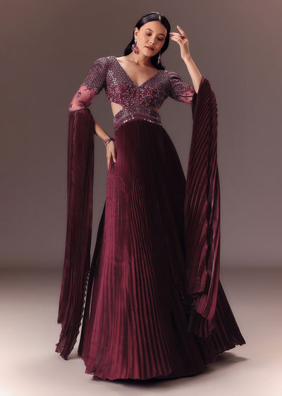 wine organze flared gown with 3d draped wings-sg272773 2