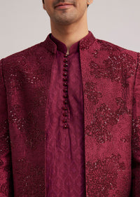 wine silk open sherwani set with zardosi stone and beads wor-sg251231 4