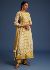 Yellow And Cream Silk Printed Anarkali Set With Chiffon Dupatta