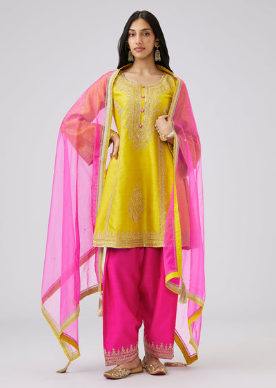 Yellow And Pink Zardosi Embroidered Patiala Suit Set