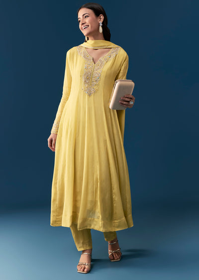 Yellow Chinon Anarkali Set With Moti And Cut Dana Work