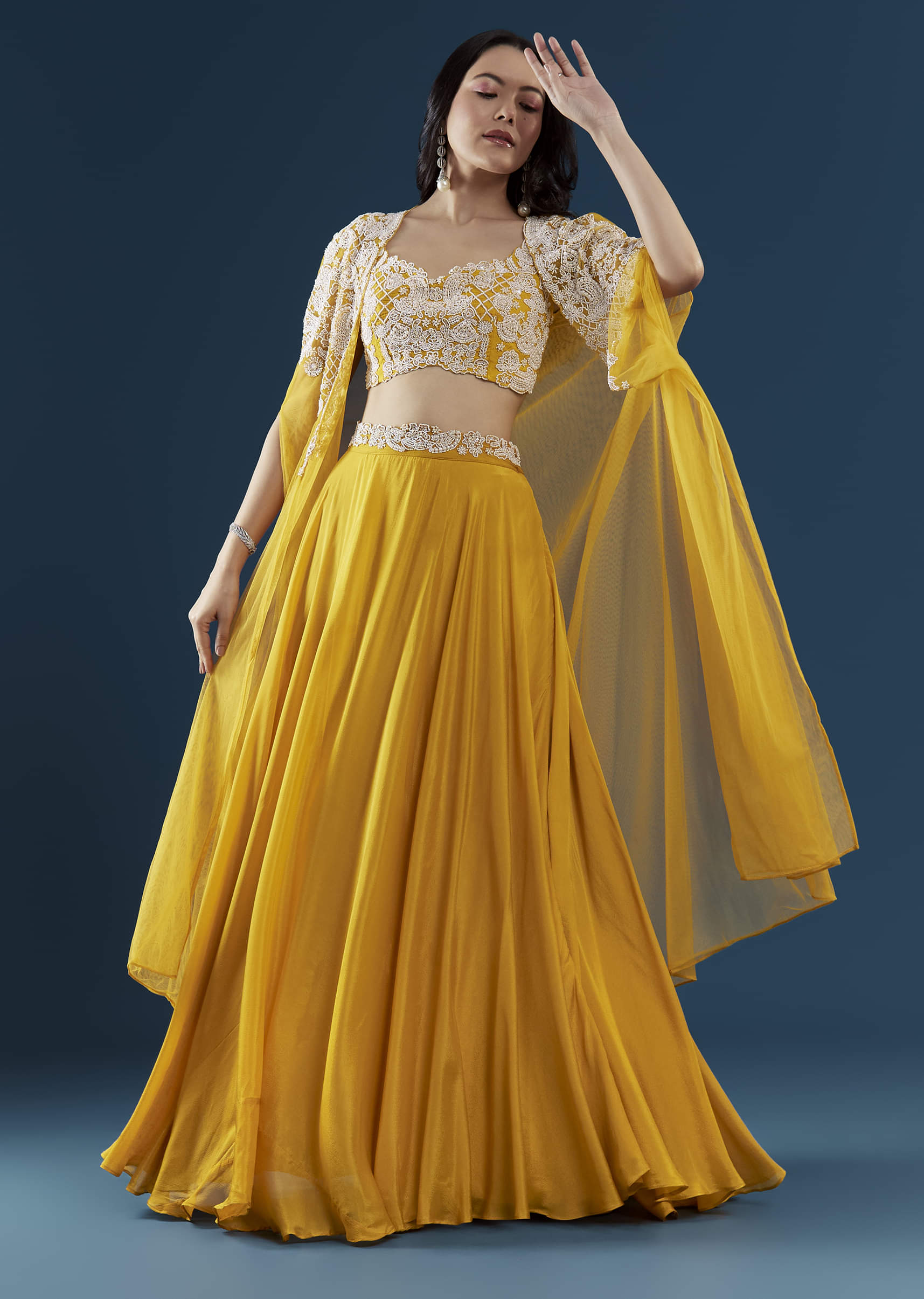 Yellow Chinon Crop Top Palazzo Set with Cape