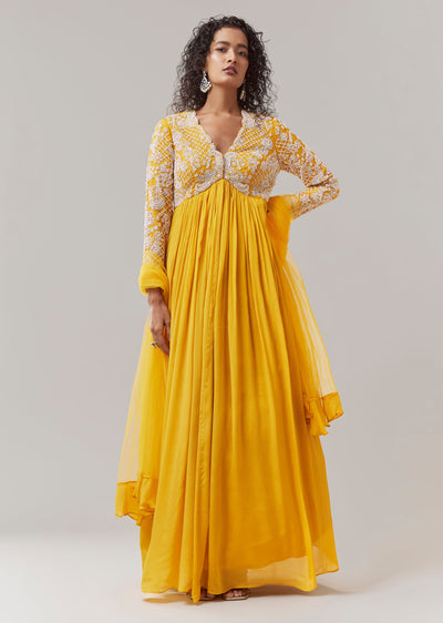 Yellow Chinon Embroidered Anarkali with Dupatta