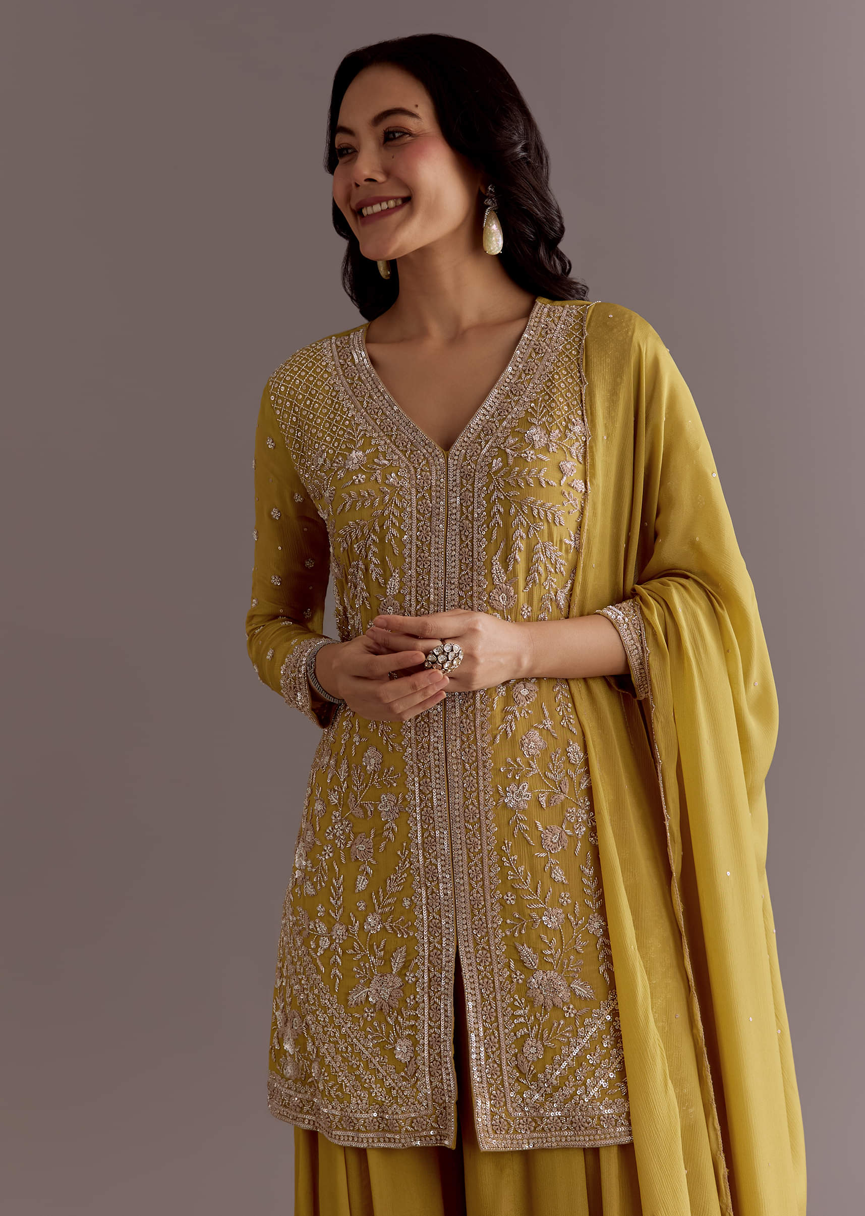 Yellow Chinon Embroidered Kurta Palazzo Suit With Dupatta