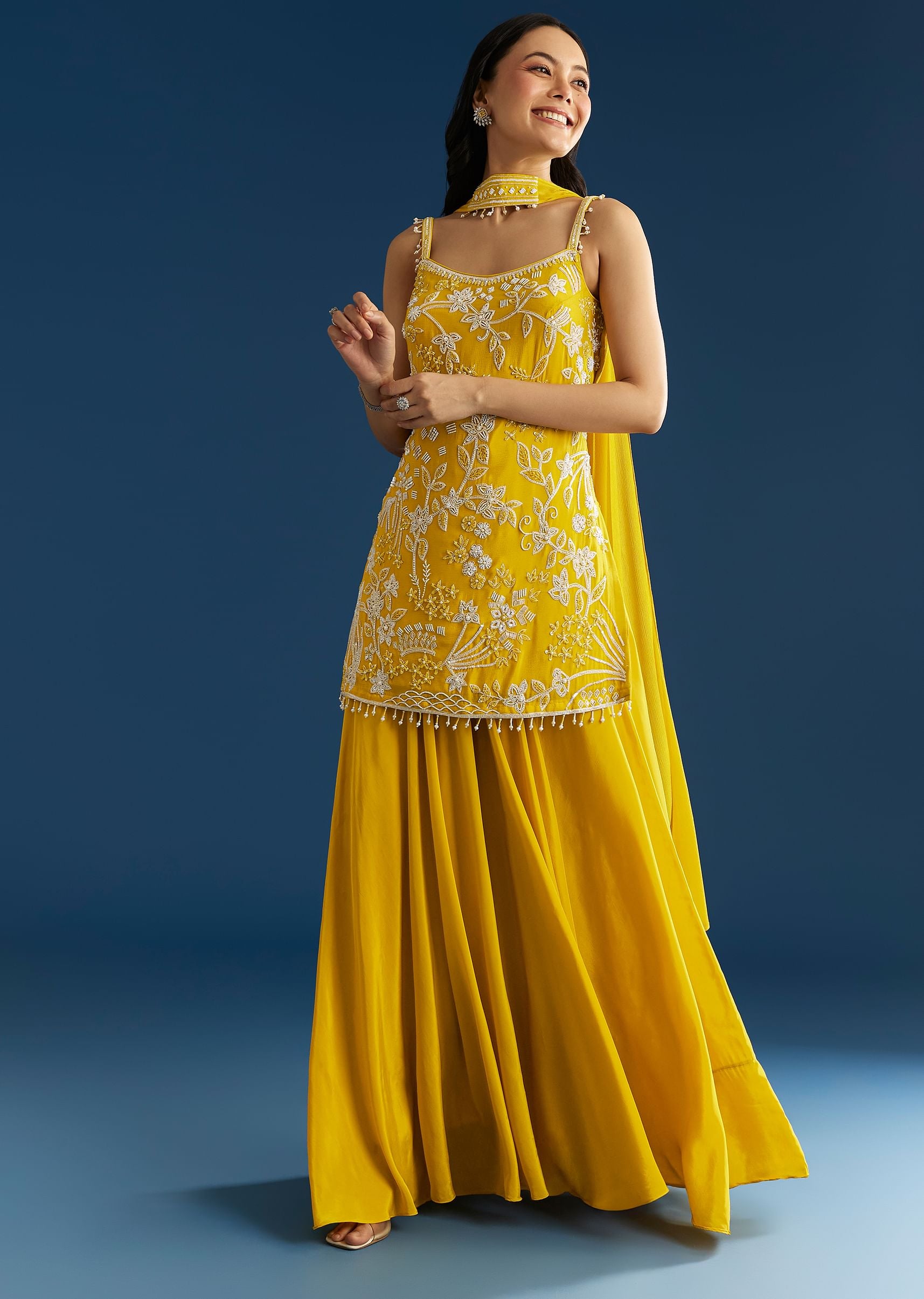 Yellow Chinon Kurta Palazzo Set With Choker Style Dupatta