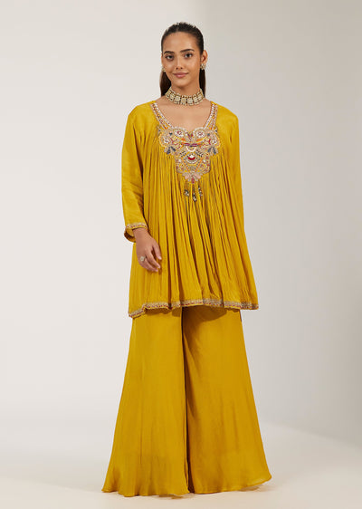 Yellow Chinon Kurti And Palazzo Set With French Knot Embroidery