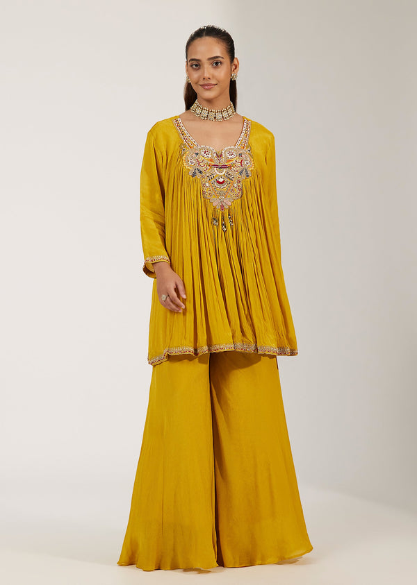 Yellow Chinon Kurti And Palazzo Set With French Knot Embroidery