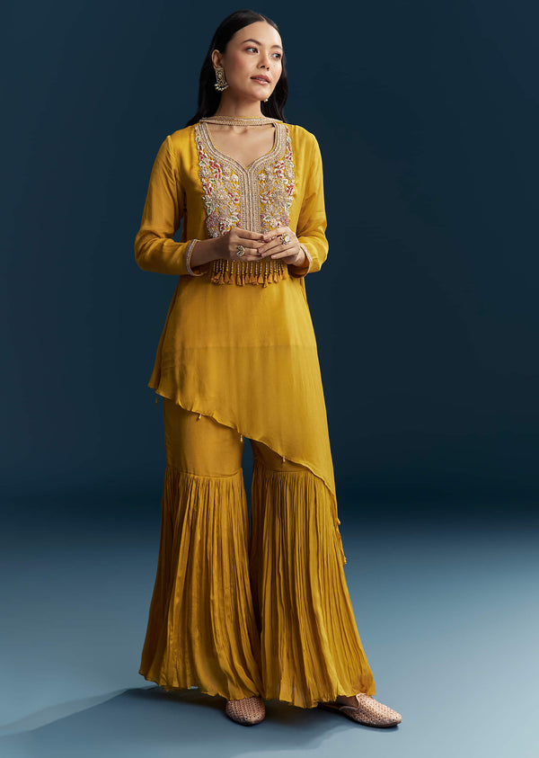 Yellow Chinon Sharara Suit With Zardosi Work