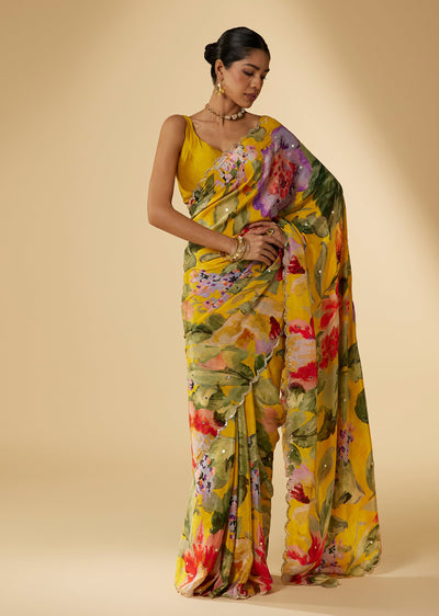 Yellow Crepe Floral Digital Printed Saree With Abla Embellished Border Pallu