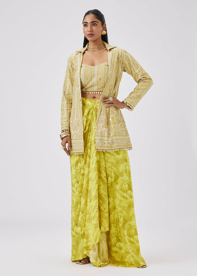 Yellow Crepe Floral Mirror And Sequin Jacket Lehenga Set