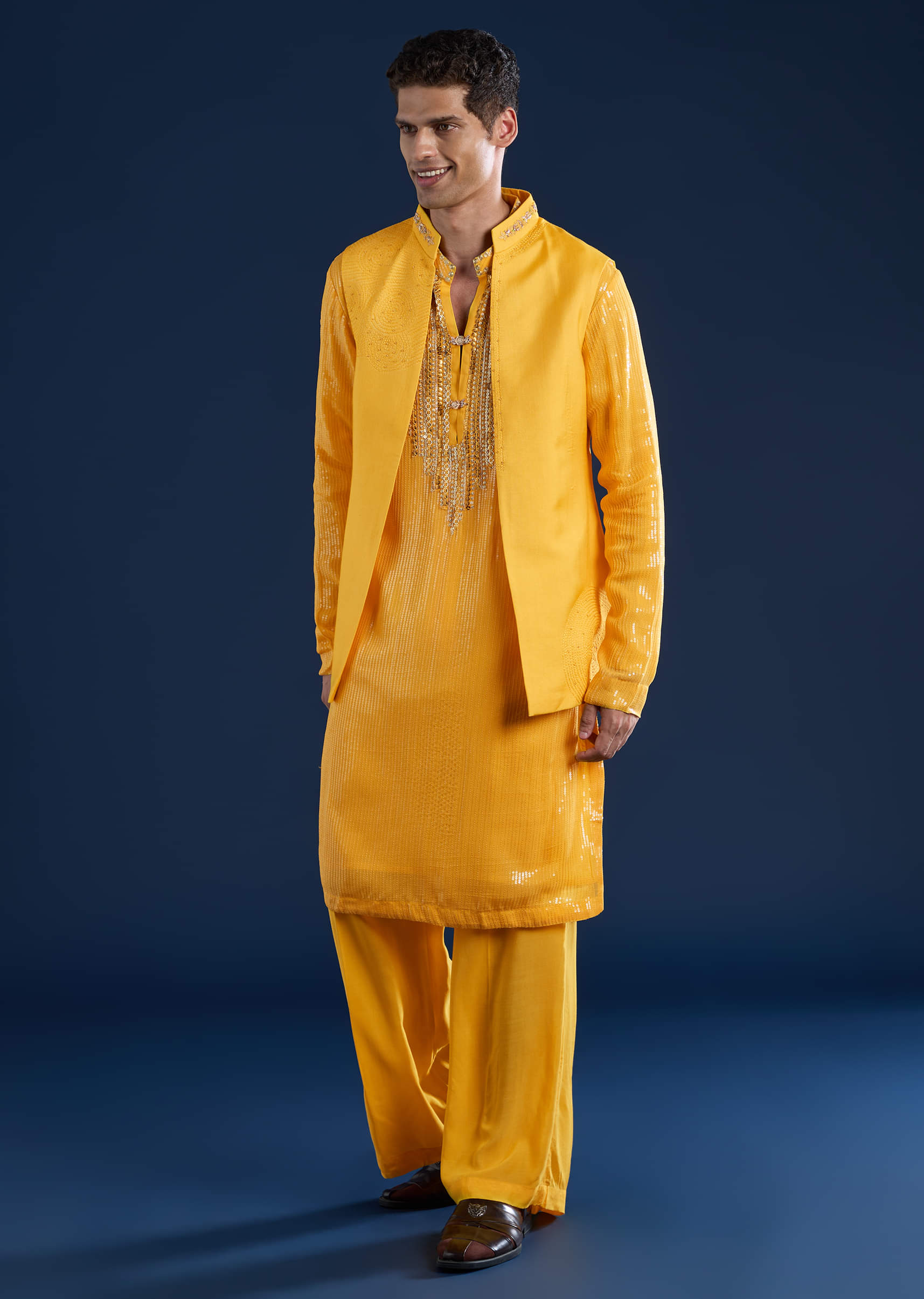 Yellow Embellished Kurta and Jacket Set