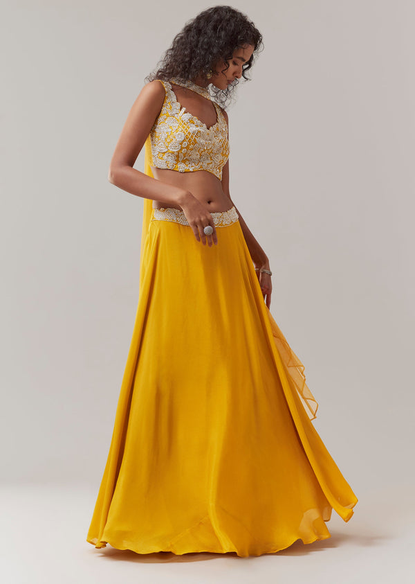 Yellow Embroidered Chinon Silk Lehenga Set