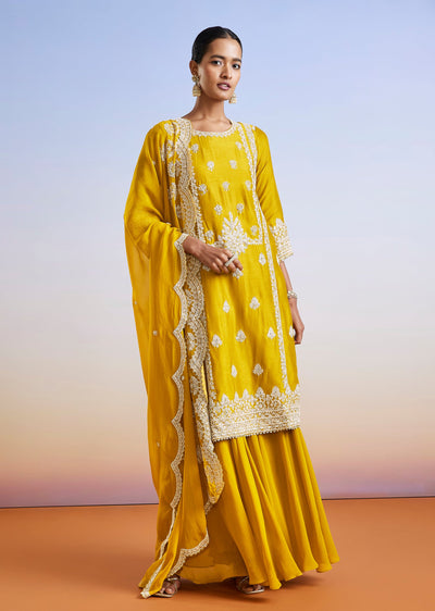 Yellow Embroidered Dola Silk Palazzo Suit With Dupatta