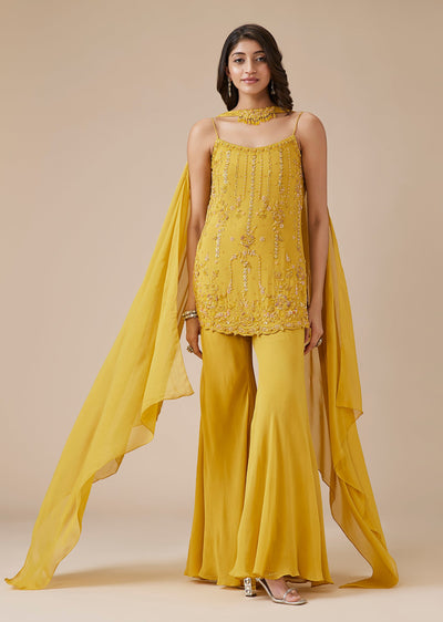 Yellow Embroidered Georgettte Shaarara Suit Set